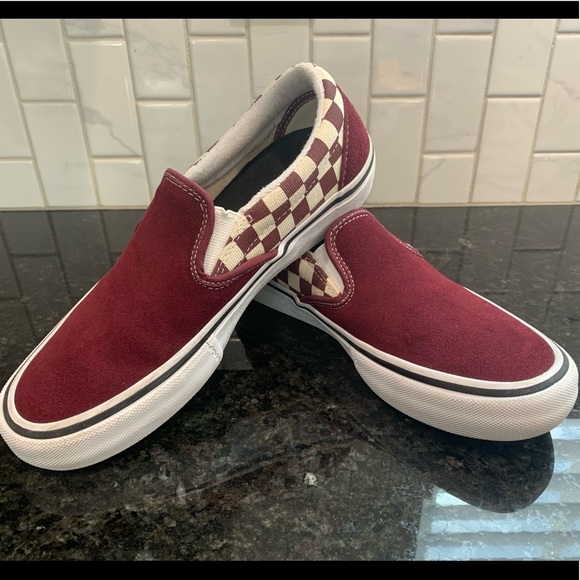 burgundy checkered slip on vans